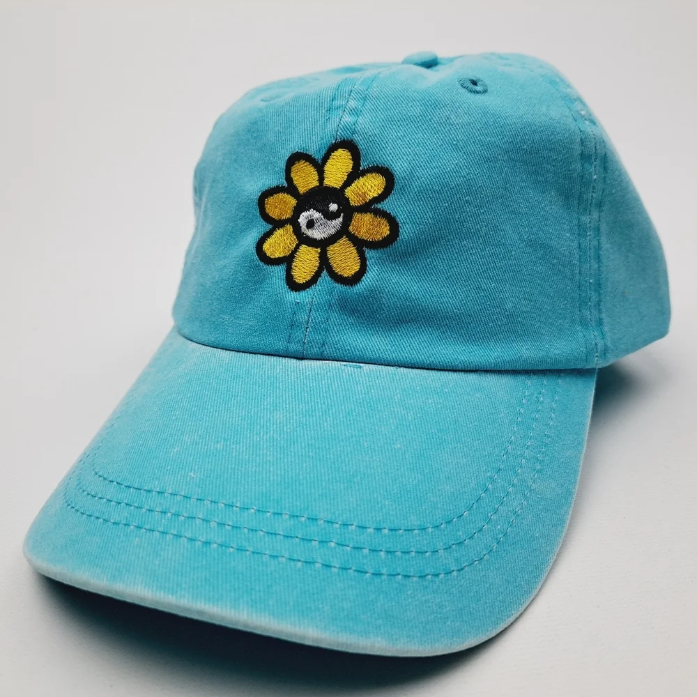 Yin Yang Flower Embroidered Relaxed Cotton Hat Cap Light Blue Washed Adjusta…
